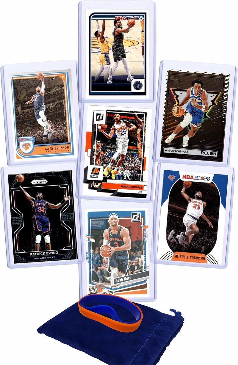 Chaser New York Knicks Cards: Karl-Anthony Towns, Jalen Brunson, Mikal Bridges, OG Anunoby, Josh Hart, Mitchell Robinson, Patrick Ewing ASSORTED Basketball Stars & GOATs Trading Cards and Wristbands Gift Pack - Image 1